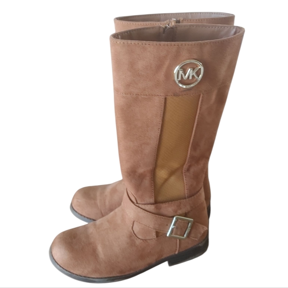 Girls Cognac Suede Michael Kors Koran Tall Boots W/ Gold Logo & Ankle Strap